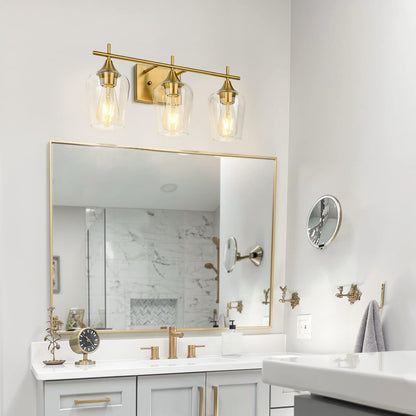 3-Light Gold Bathroom Light Fixtures, Brushed Brass Vanity Lights for Bathroom with Clear Glass Shade over Mirror for Bedroom Hallway Living Room