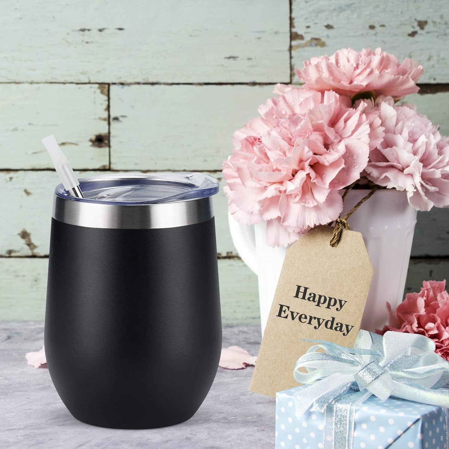 Stainless Steel Wine Tumbler 12Oz, Double Wall Vacuum Insulated Wine Tumbler with Lid and Straw, Stainless Steel Stemless Wine Glass for Wine, Coffee, Cocktails, Champaign, Ice Cream, Black