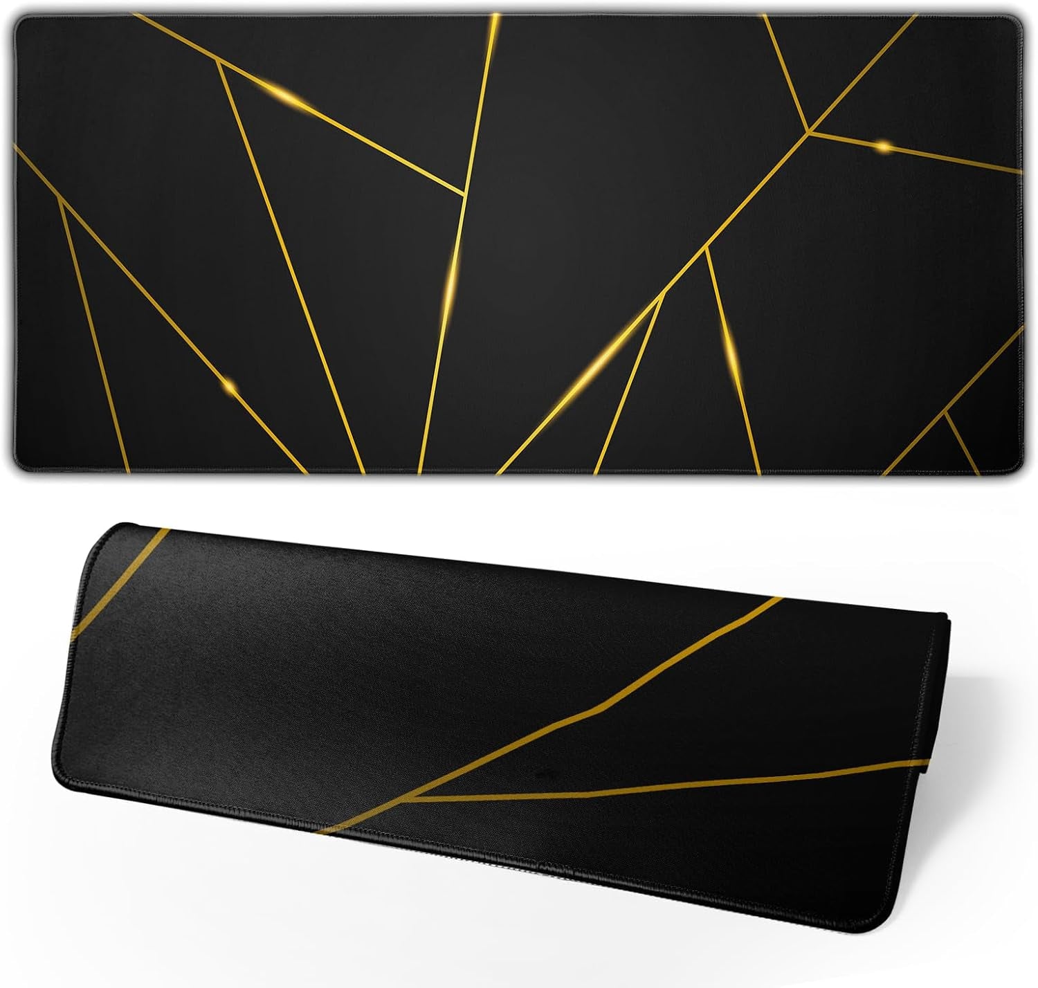 Gaming Mouse Pad 31.5×11.8 Inch XL with Stitched Edges Extended Waterproof Gold Line Black Geometric Desk Pads Non-Slip Rubber Base Large Keyboard Mat Computer Gaming Mousepad for Work/Office/Home
