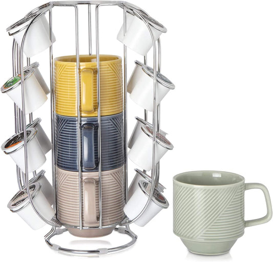 Stackable Coffee Mugs Set: 15 Ounce Large Stacking Ceramic Mugs Set for Coffee Mocha Latte Tea Milk - Set of 4 Big Porcelain Coffee Cups with Metal Stand & Coffee Pods Holder (Warm Color)