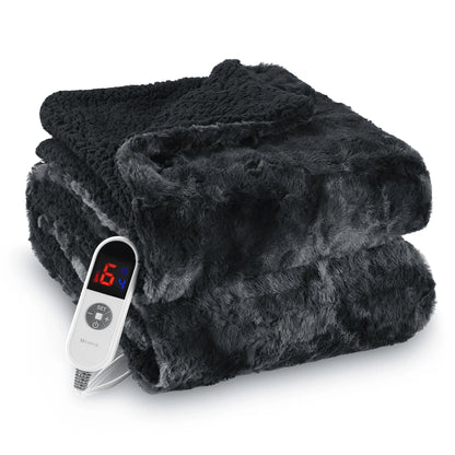 Electric Throw Blanket 50" X 60", Soft Faux Fur Heated Blanket with Large LED Display, 6 Heating Levels, 4 Hours Timer, Tie-Dye Black