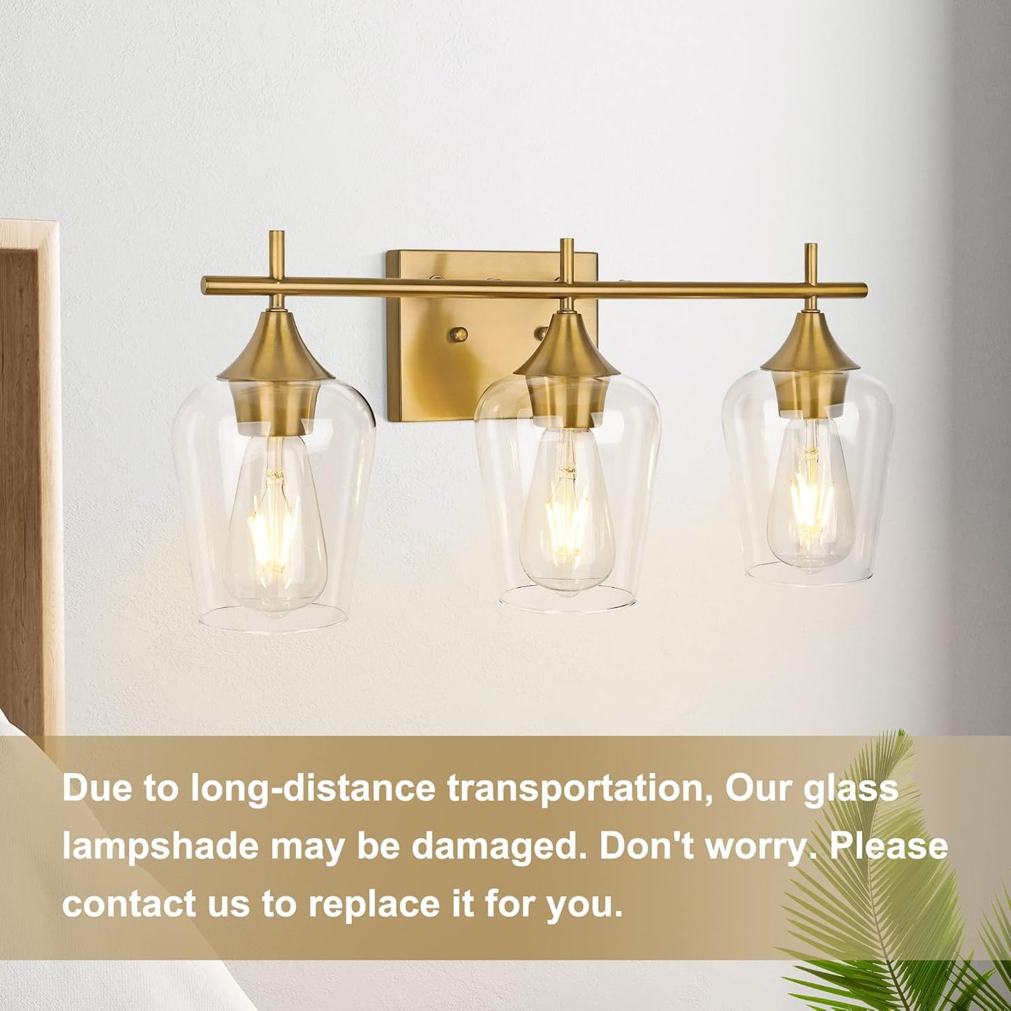 3-Light Gold Bathroom Light Fixtures, Brushed Brass Vanity Lights for Bathroom with Clear Glass Shade over Mirror for Bedroom Hallway Living Room