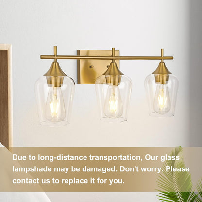3-Light Gold Bathroom Light Fixtures, Brushed Brass Vanity Lights for Bathroom with Clear Glass Shade over Mirror for Bedroom Hallway Living Room