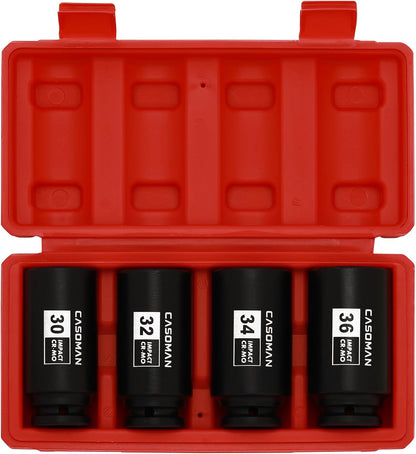 1/2-Inch Drive Deep Spindle Axle Nut Impact Socket Set,12 Point Metric, CR-MO, 30,32,34,36Mm, 4-Piece 1/2" Heavy Duty Impact Socket Set