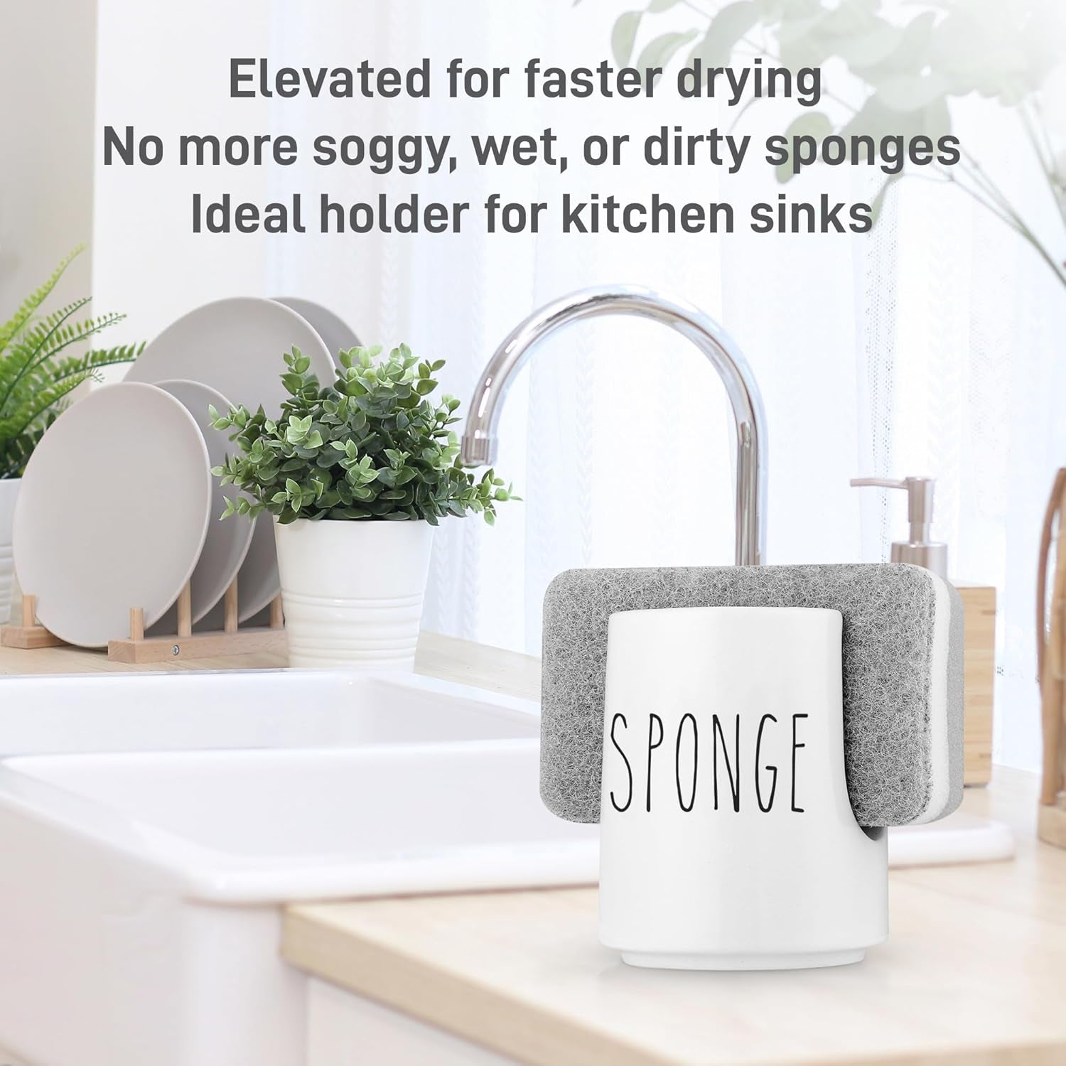 Ceramic Sponge Holder for Kitchen Sink – White Sink Caddy Organizer – Farmhouse Kitchen Sponge Holder – Cute Ceramic Sponge Rest for Countertop