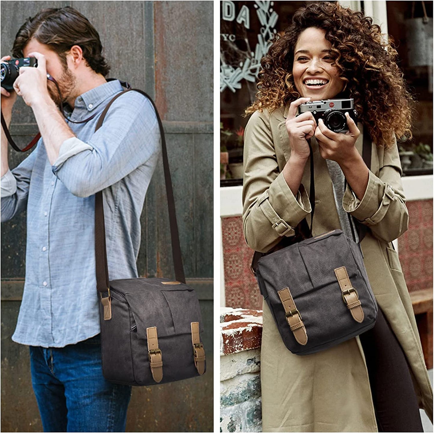 Waterproof Camera Bags for DSLR Canon Canvas Vintage Shoulder Women Men Camera Messenger Bag Leather Trim(Grey)