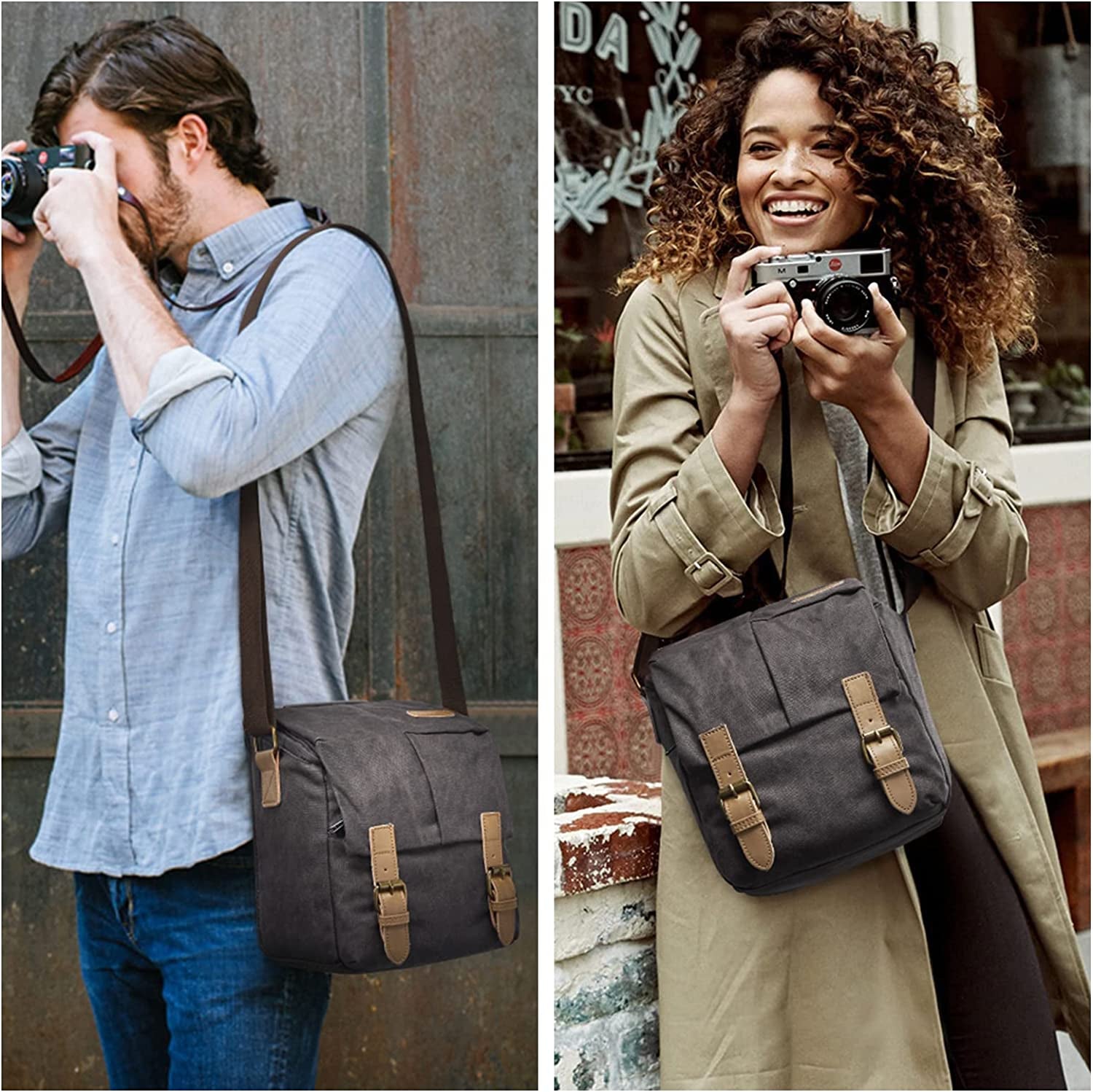 Waterproof Camera Bags for DSLR Canon Canvas Vintage Shoulder Women Men Camera Messenger Bag Leather Trim(Grey)