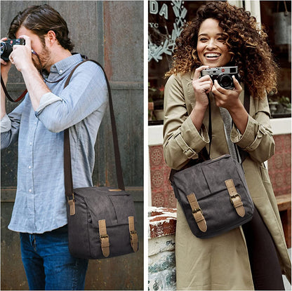 Waterproof Camera Bags for DSLR Canon Canvas Vintage Shoulder Women Men Camera Messenger Bag Leather Trim(Grey)