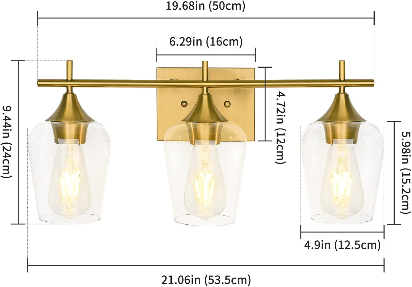3-Light Gold Bathroom Light Fixtures, Brushed Brass Vanity Lights for Bathroom with Clear Glass Shade over Mirror for Bedroom Hallway Living Room