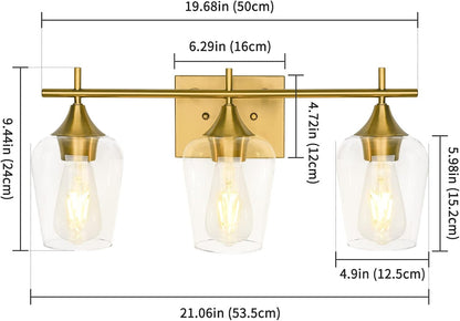 3-Light Gold Bathroom Light Fixtures, Brushed Brass Vanity Lights for Bathroom with Clear Glass Shade over Mirror for Bedroom Hallway Living Room