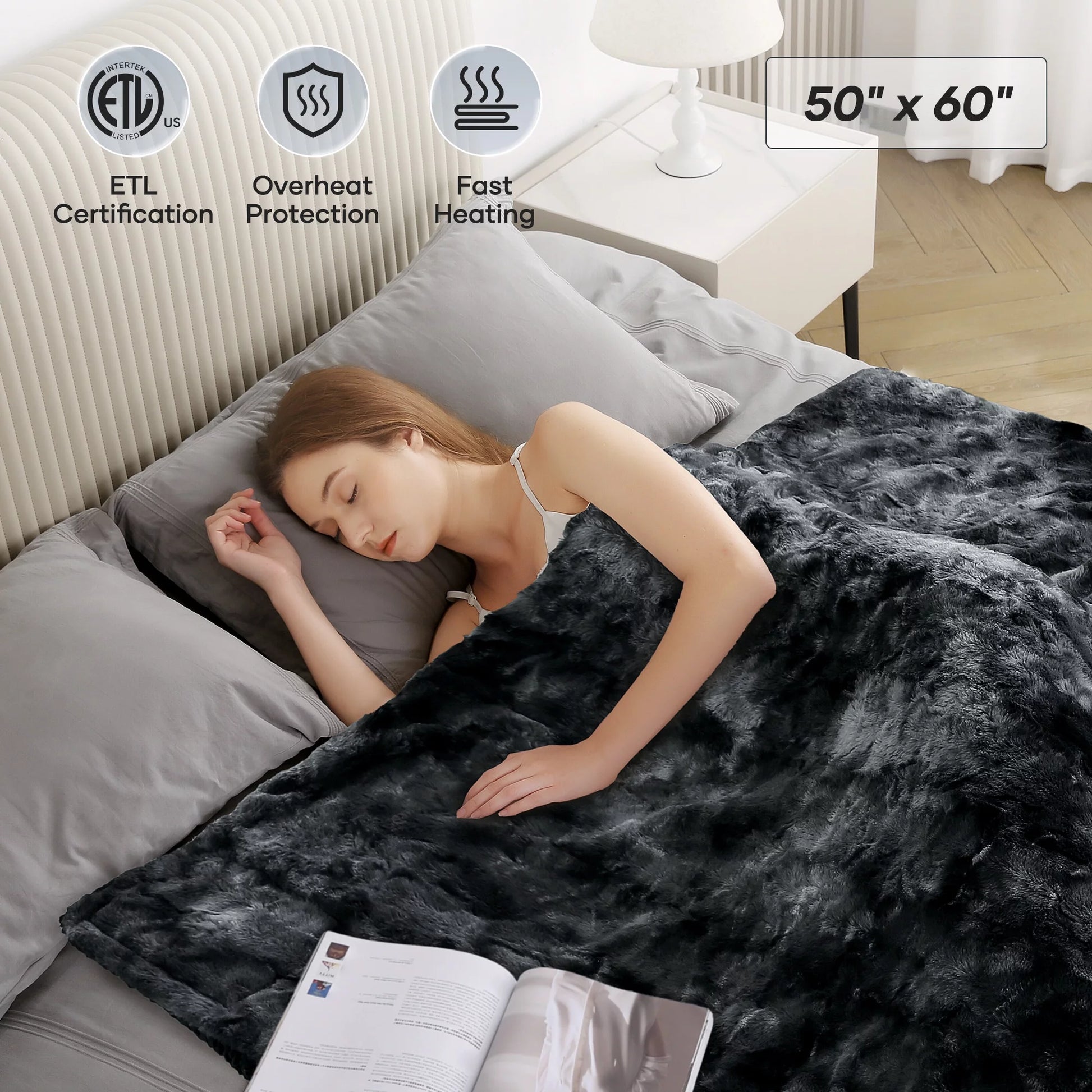Electric Throw Blanket 50" X 60", Soft Faux Fur Heated Blanket with Large LED Display, 6 Heating Levels, 4 Hours Timer, Tie-Dye Black
