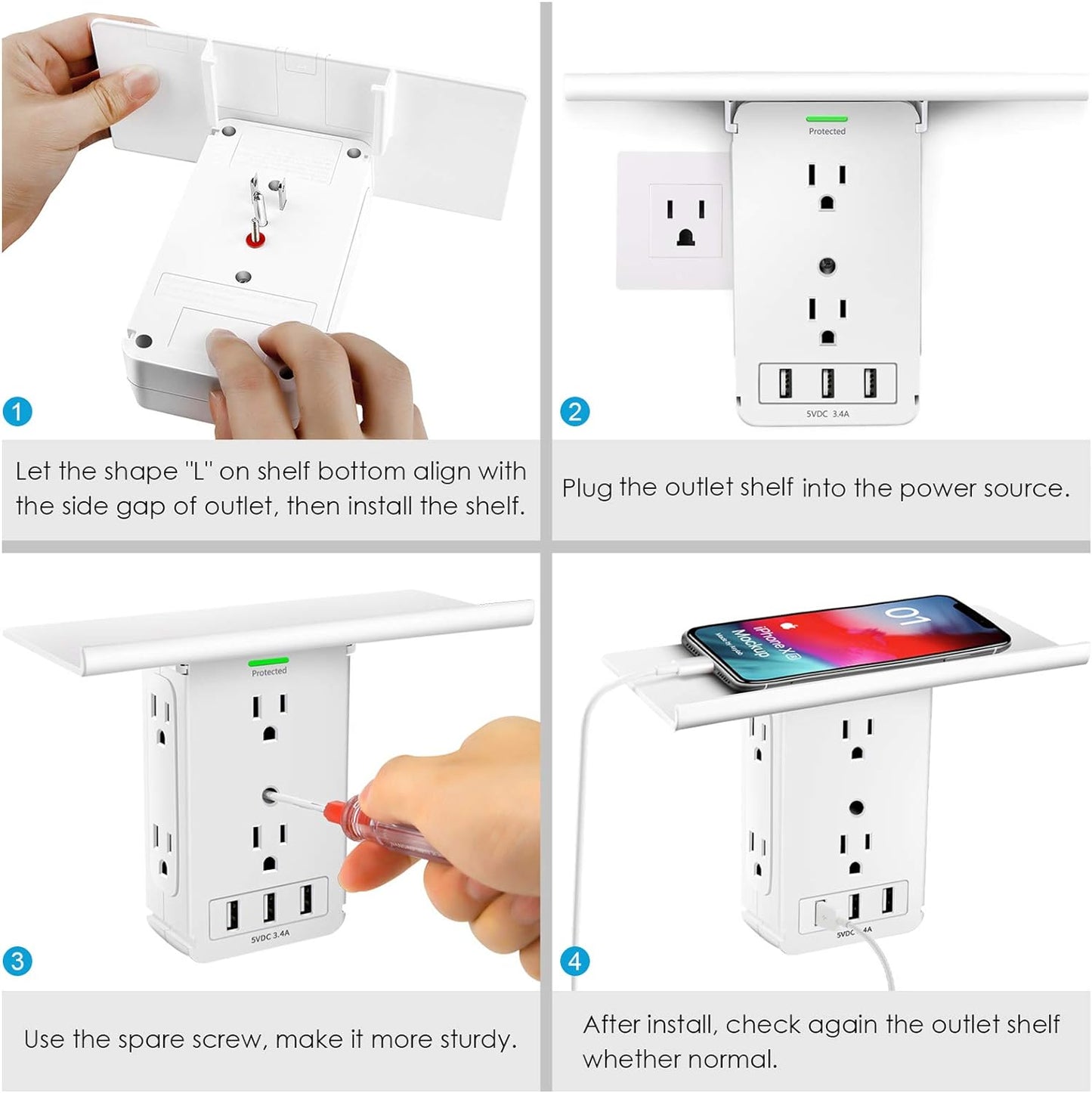Socket Outlet Shelf with USB Ports, 1020J Surge Protector Extender Removable Charging Shelf, Wall Bathroom Multi Adapter Plug, FCC Listed.