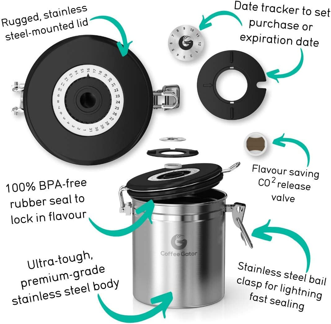 Coffee Canister - Airtight Stainless Steel Kitchen Food Storage Container with Date Tracker, Scoop for Grounds Coffee Bar Accessories, Beans,Tea, Sugar, Cereal, Flour (Gray, 16Oz+4Oz)