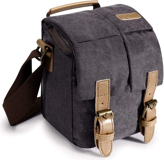 Waterproof Camera Bags for DSLR Canon Canvas Vintage Shoulder Women Men Camera Messenger Bag Leather Trim(Grey)